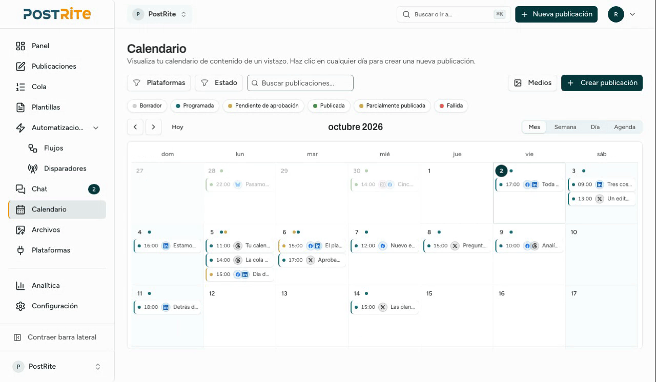 Recorriendo las vistas de mes, semana, día y agenda del calendario.