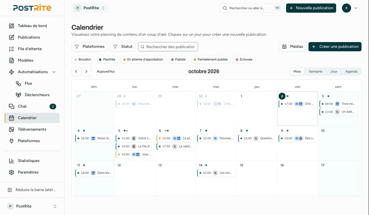 Parcours des vues mois, semaine, jour et agenda du calendrier.