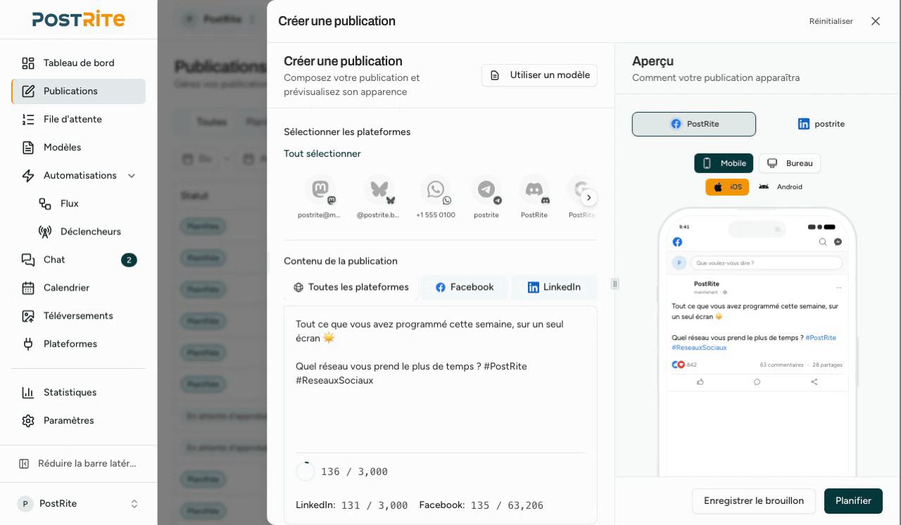 L'éditeur met à jour ses aperçus par plateforme et ses compteurs de caractères au fil de la rédaction.