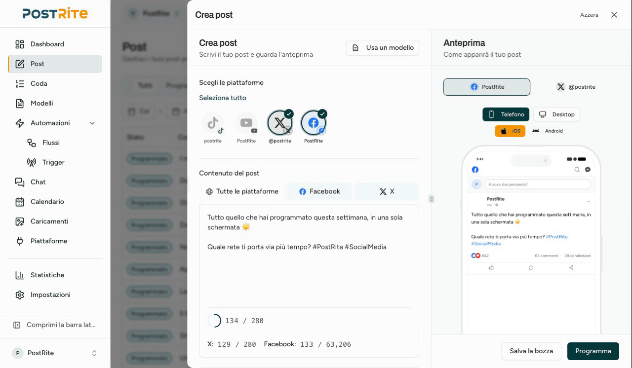 L'editor che aggiorna le anteprime per piattaforma e i contatori dei caratteri mentre il post viene scritto.