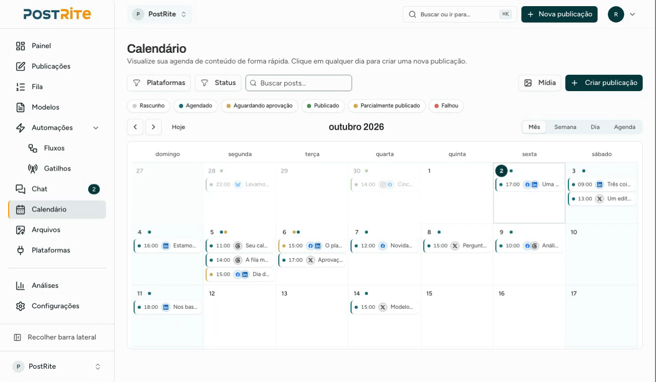 Percorrendo as visões de mês, semana, dia e agenda do calendário.