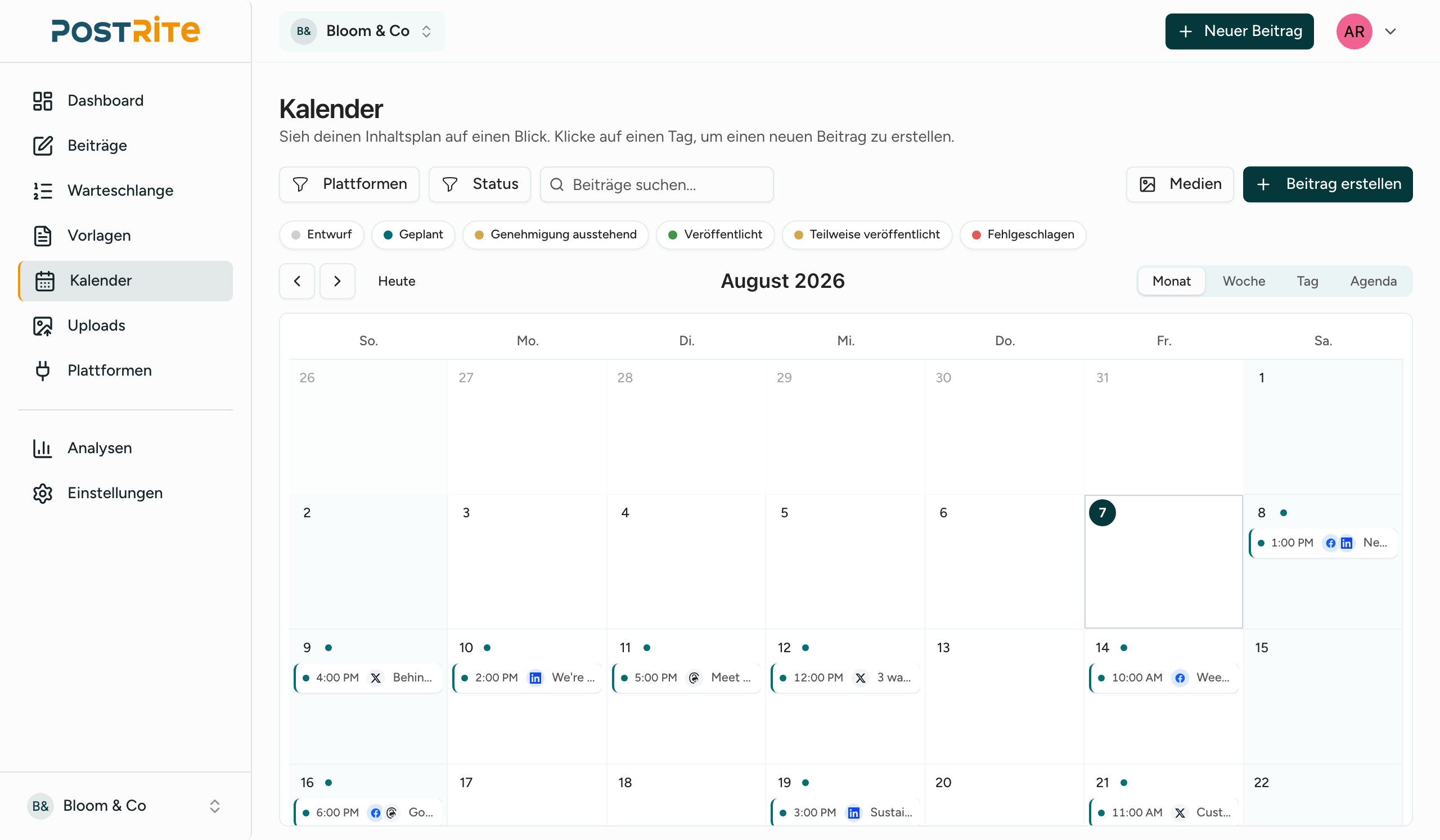 PostRite-Content-Kalender mit den geplanten Beiträgen des Monats