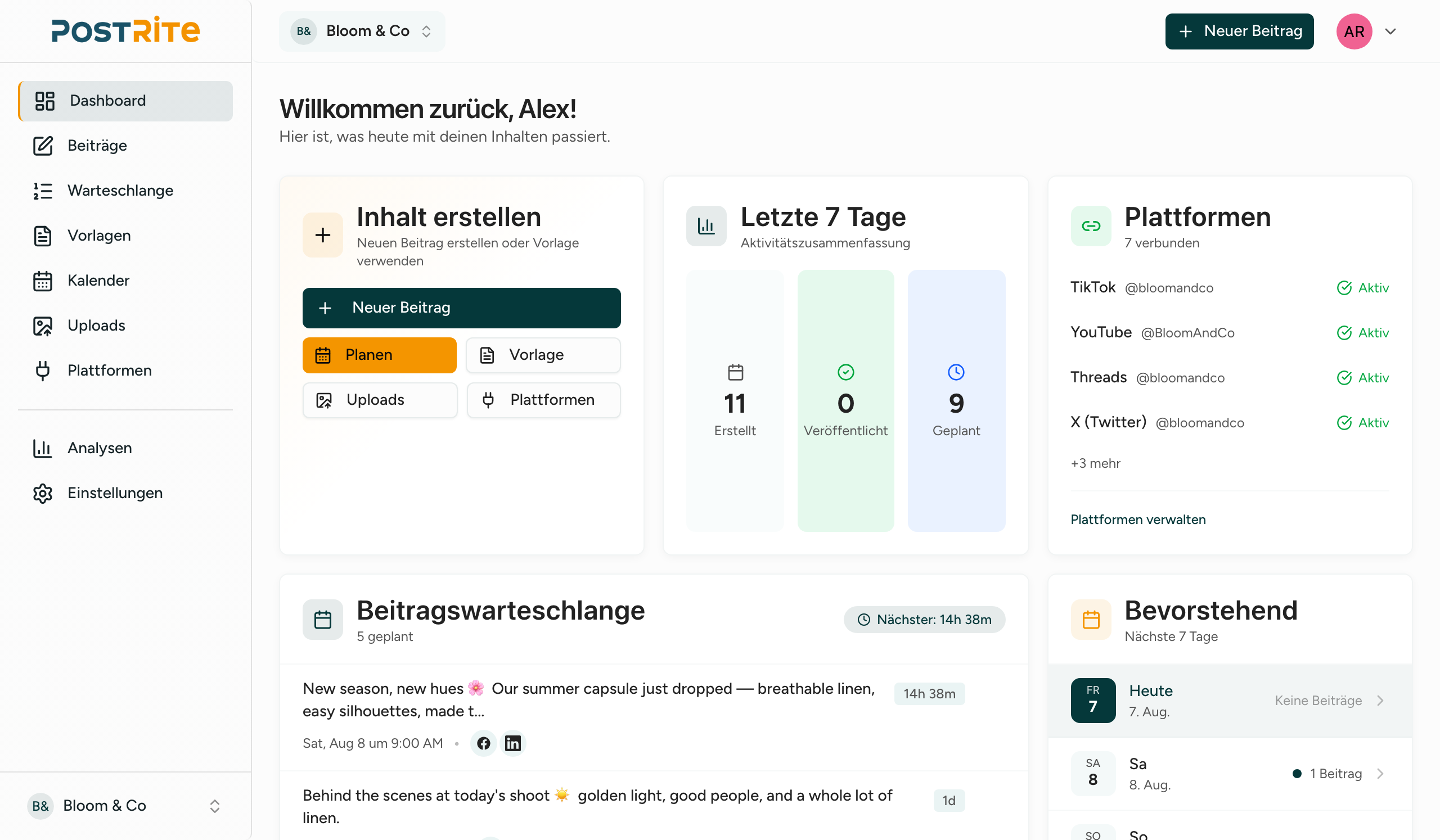 PostRite-Dashboard-Screenshot mit Post-Warteschlange, Wochenübersicht, Plattformstatus und Kalendervorschau