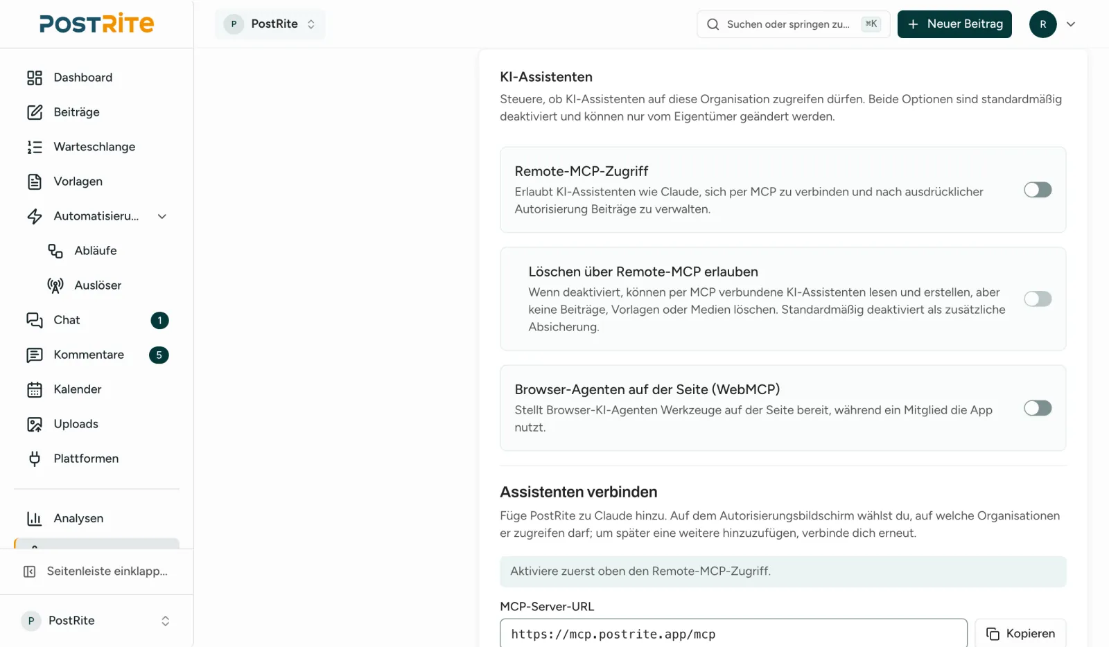 Die Karte für KI-Assistenten in den Einstellungen der Organisation, mit dem Schalter für Remote-MCP-Zugriff und dem Button Mit Claude verbinden