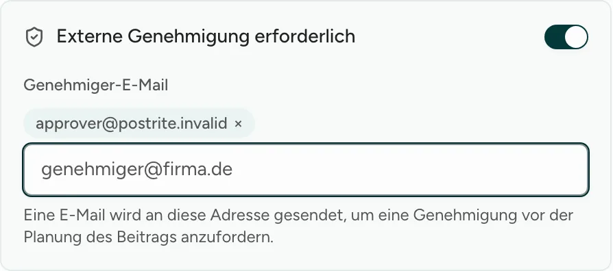 Der Freigabebereich im Editor, eingeschaltet, mit der E-Mail-Adresse einer prüfenden Person