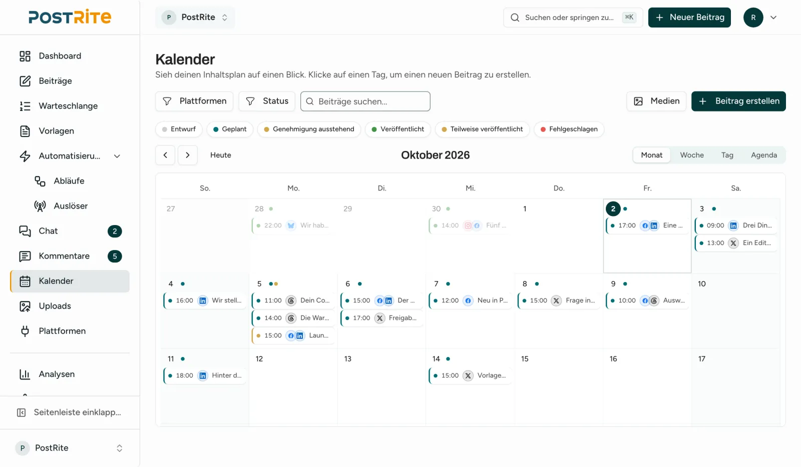 Der Kalender in der Monatsansicht mit den geplanten Beiträgen an ihren Tagen