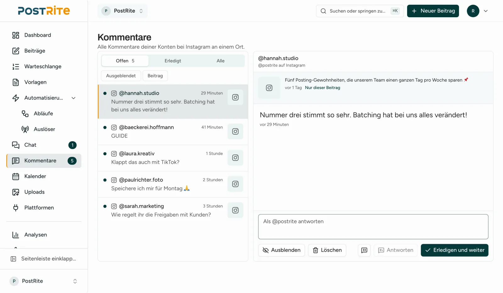 Das Kommentar-Postfach mit offenen Instagram-Kommentaren, einer davon geöffnet