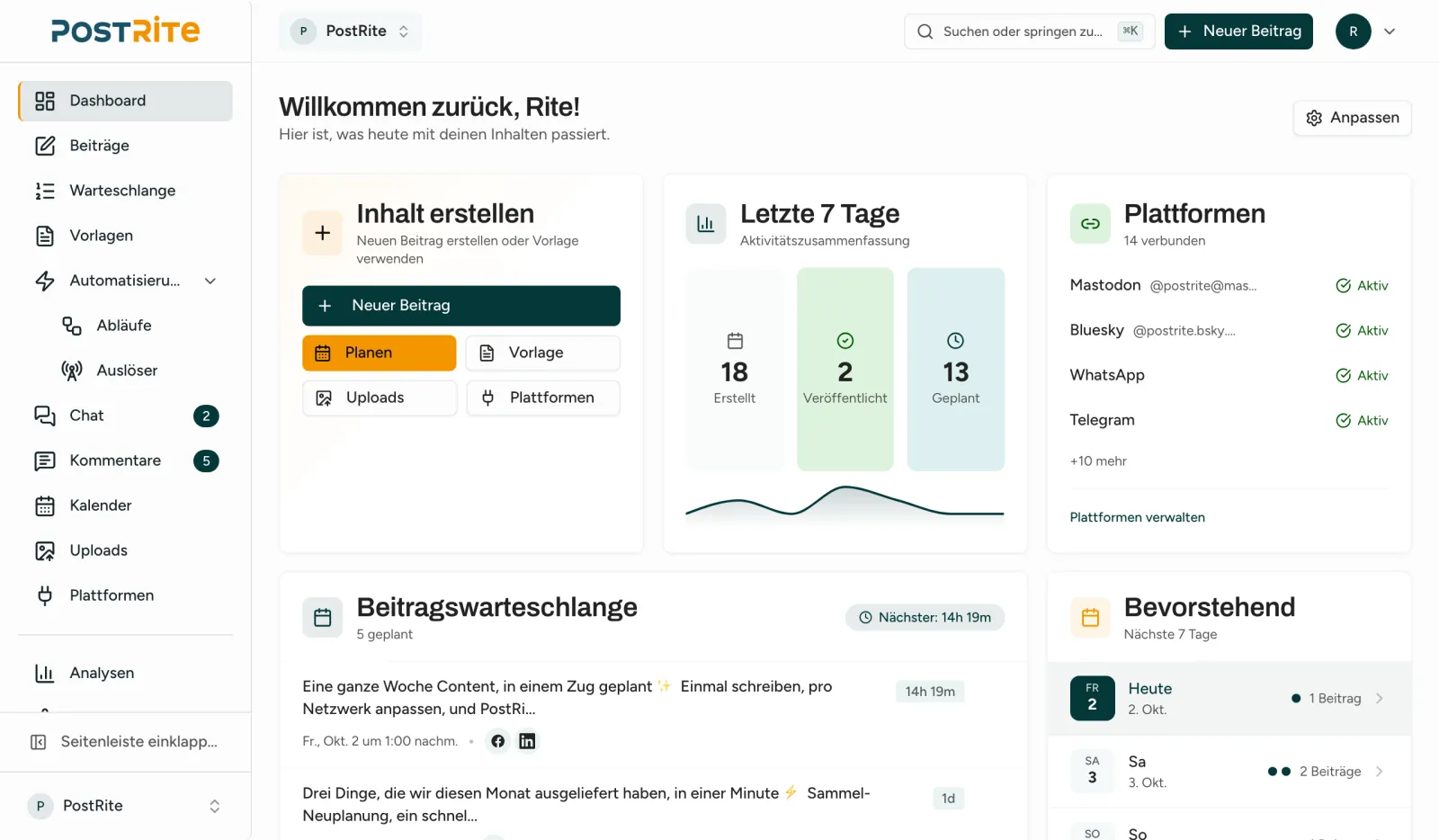 Das PostRite-Dashboard mit Schnellaktionen, den letzten sieben Tagen, verbundenen Plattformen, der Warteschlange und anstehenden Beiträgen