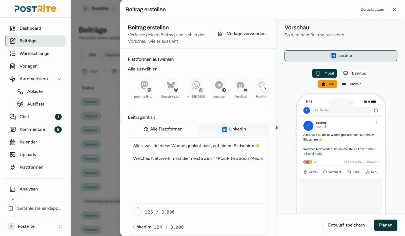 Der Editor mit einem ausgewählten LinkedIn-Konto und der LinkedIn-Vorschau