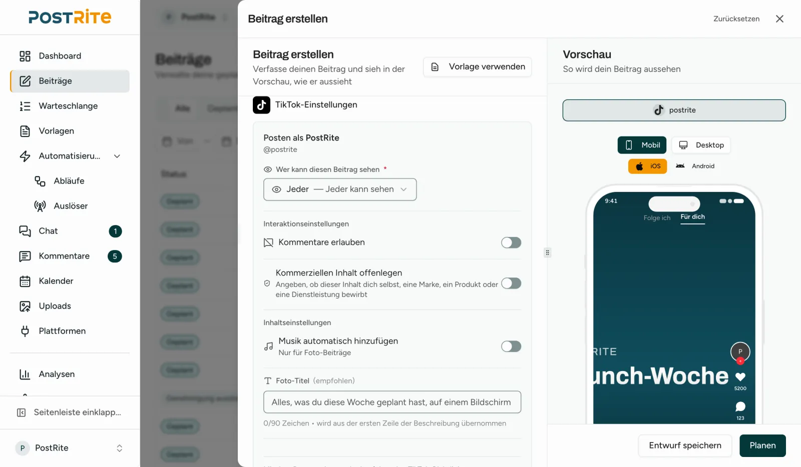 Der Editor mit einem ausgewählten TikTok-Konto, mit Datenschutzstufe, Interaktionen und Fototitel neben der TikTok-Vorschau