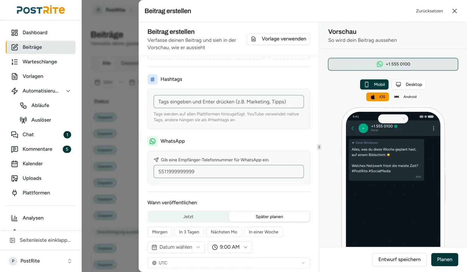 Der Editor mit einer ausgewählten WhatsApp-Nummer und dem Feld für die Telefonnummer des Empfängers neben der WhatsApp-Vorschau