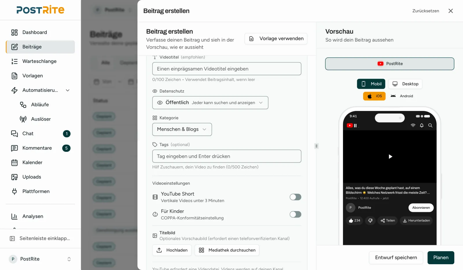 Der Editor mit einem ausgewählten YouTube-Kanal, mit Titel, Sichtbarkeit, Kategorie, Tags und Shorts neben der YouTube-Vorschau