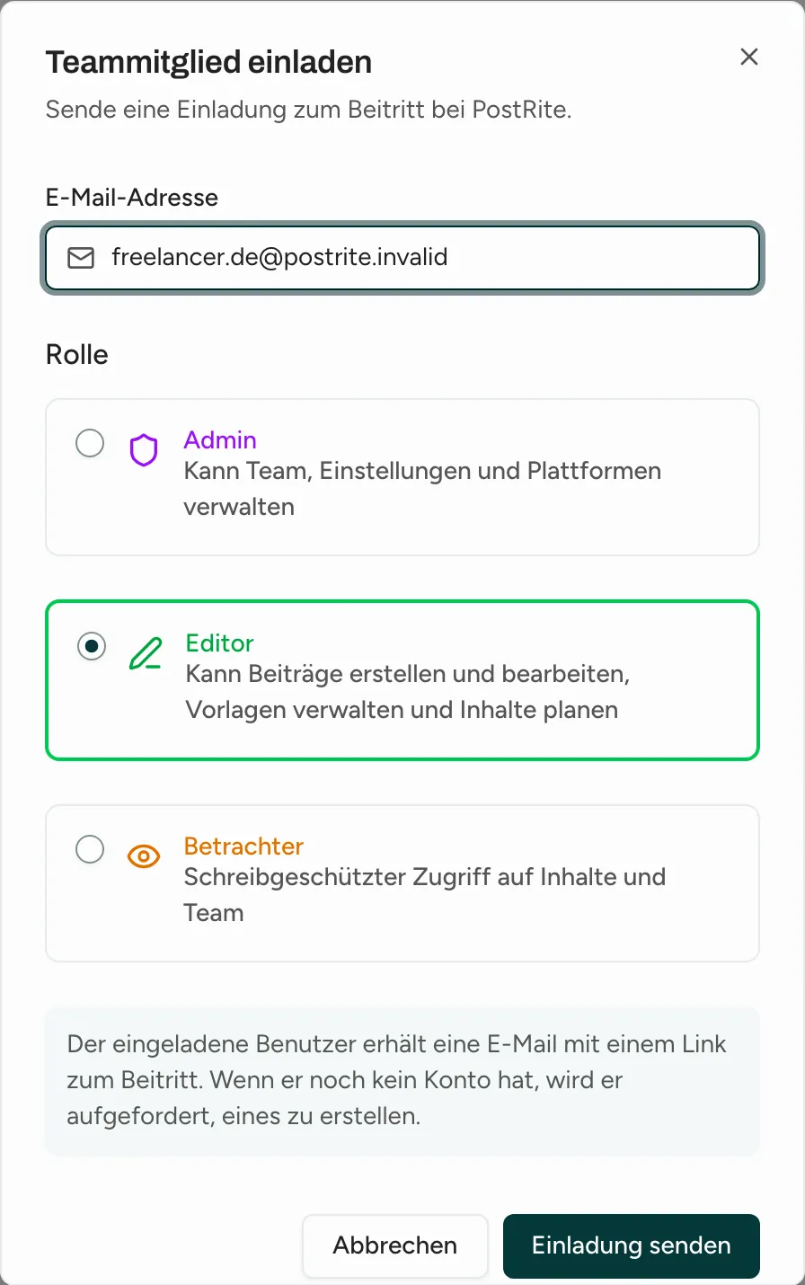 Der Dialog Mitglied einladen mit eingetragener E-Mail-Adresse und ausgewählter Rolle Editor