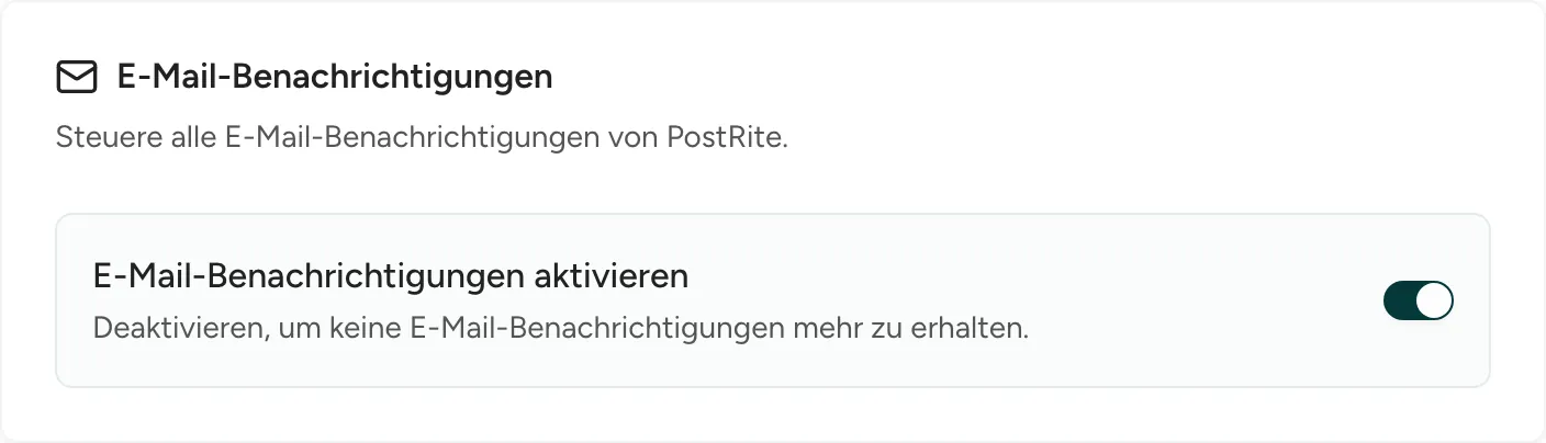 Die Karte E-Mail-Benachrichtigungen mit dem Schalter, der alle E-Mail-Benachrichtigungen ein- oder ausschaltet