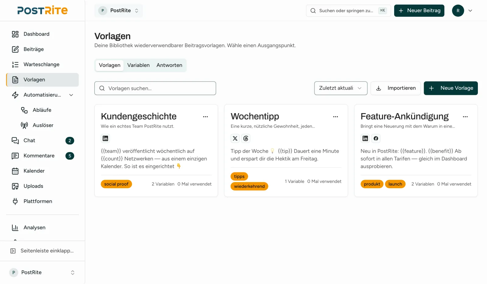 Die Seite Vorlagen mit drei gespeicherten Vorlagen, ihren Tags und Netzwerken