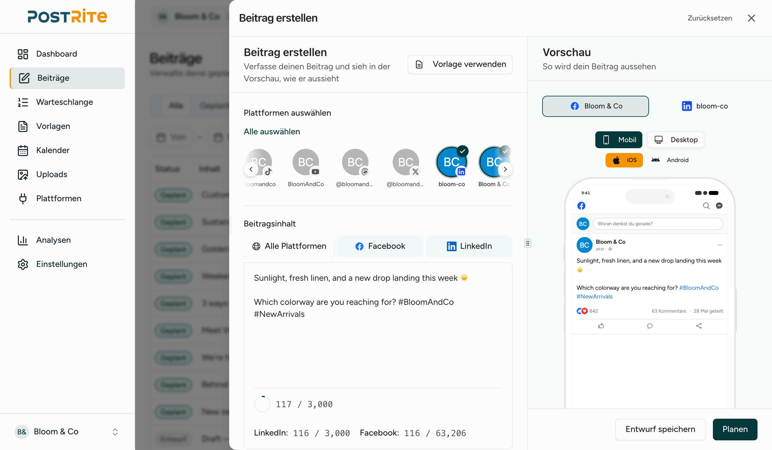 PostRite-Beitragseditor mit Live-Vorschauen pro Plattform