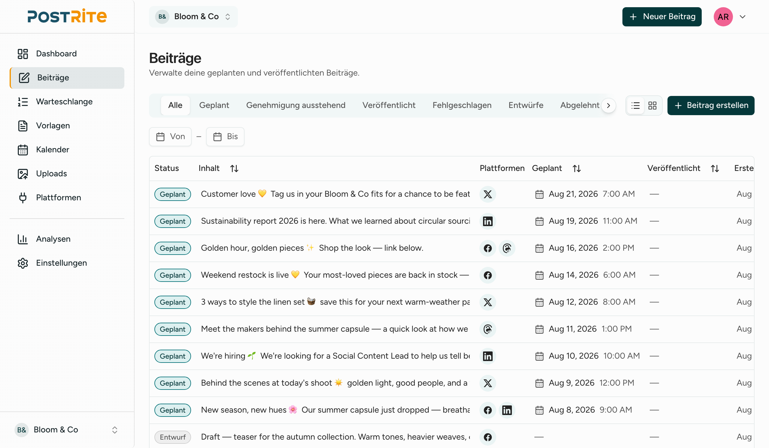 PostRite-Beitragsliste mit Entwürfen, geplanten und veröffentlichten Beiträgen und ihrem Status je Plattform