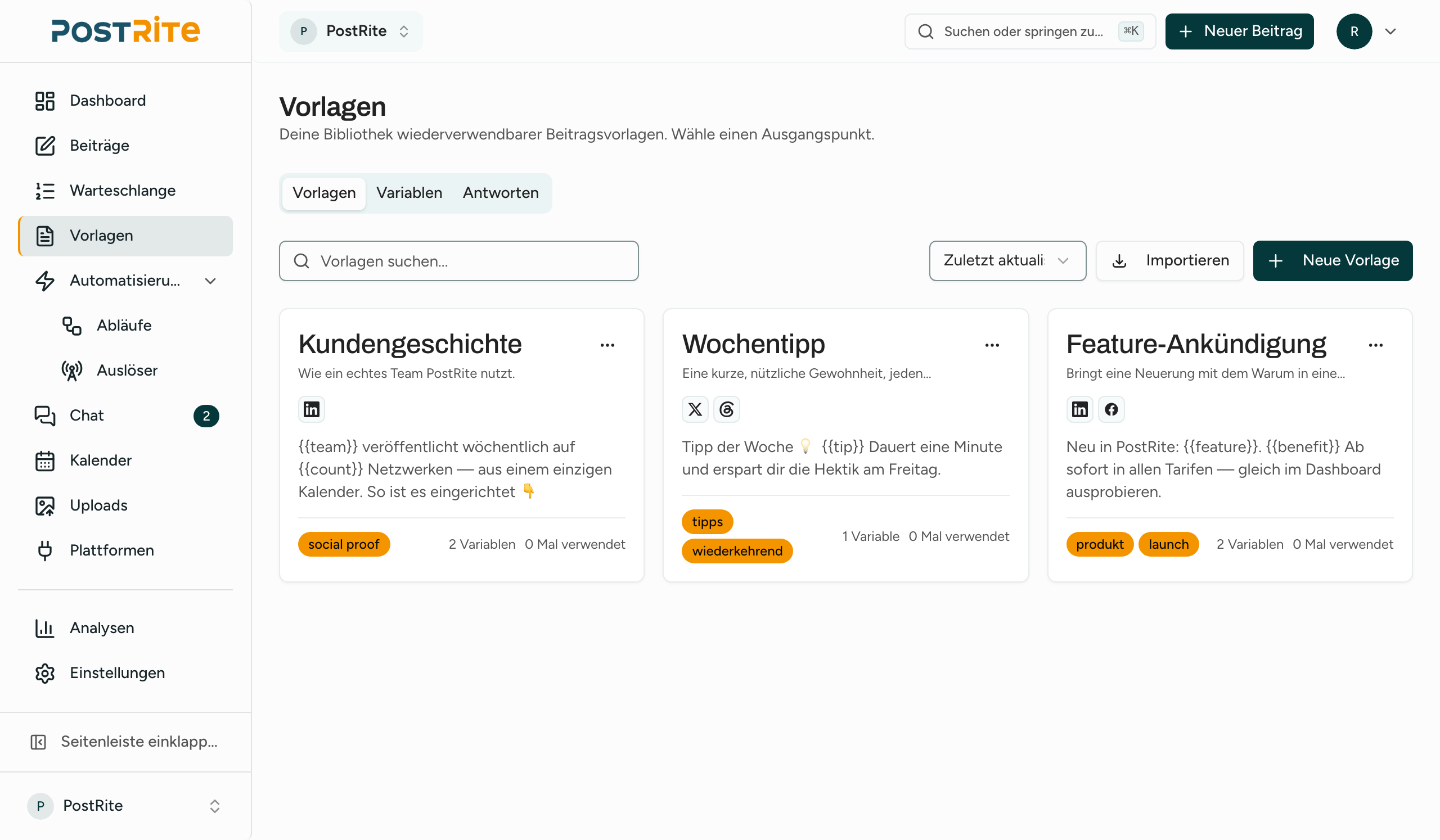Vorlagenbibliothek von PostRite mit wiederverwendbaren Vorlagen, Variablen und Tags
