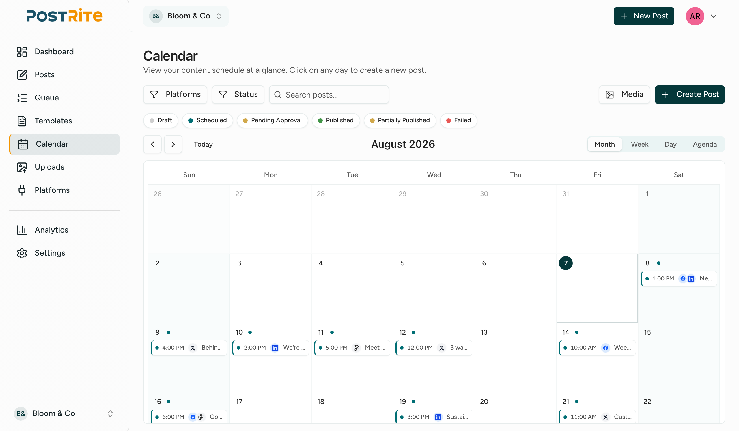 PostRite content calendar showing scheduled posts across the month
