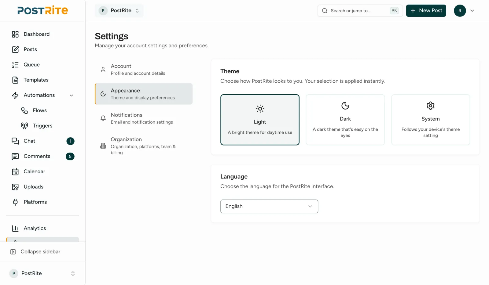 The Appearance settings with the Light, Dark and System themes and the language selector