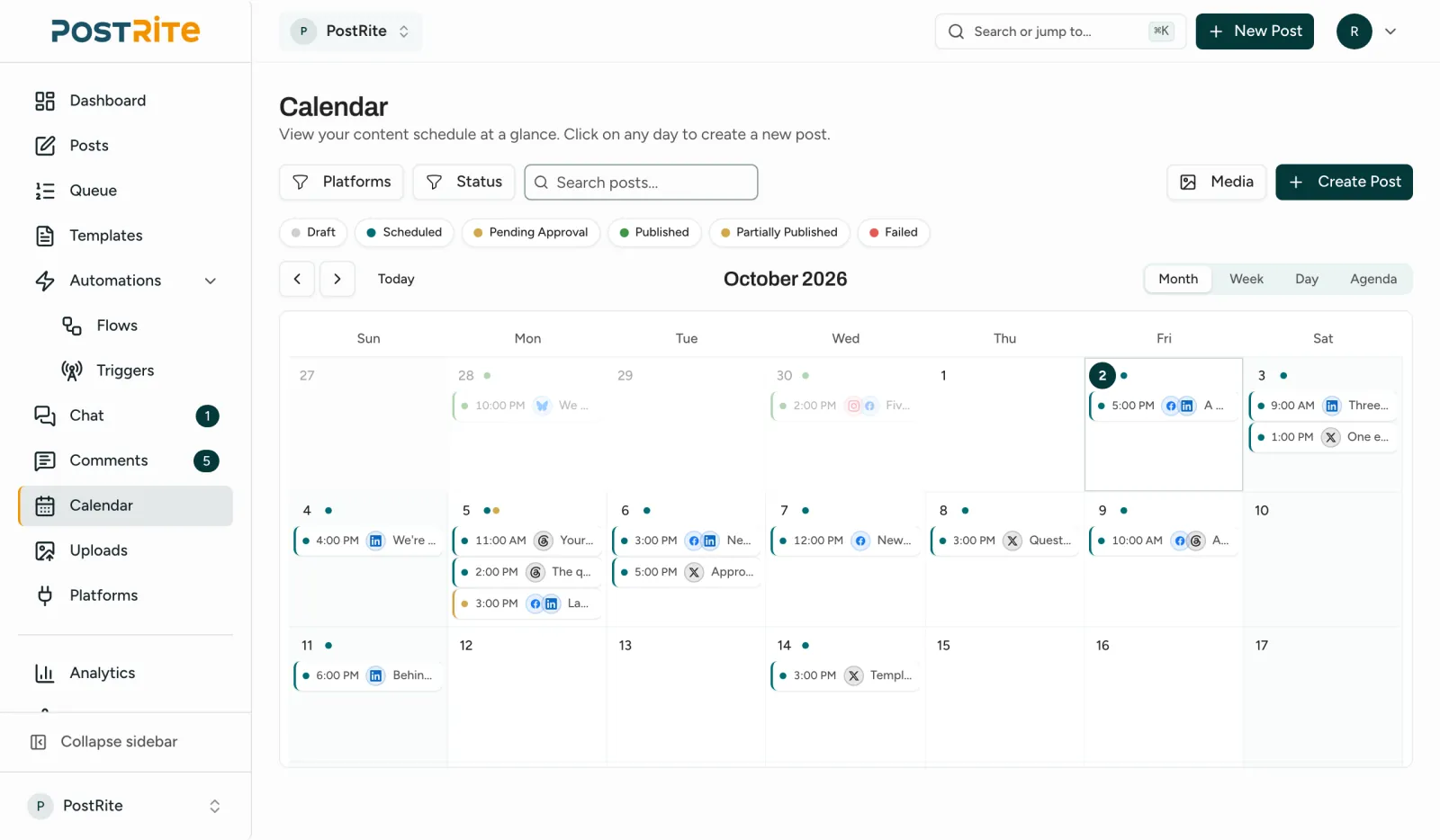 The calendar in month view, with scheduled posts on their days