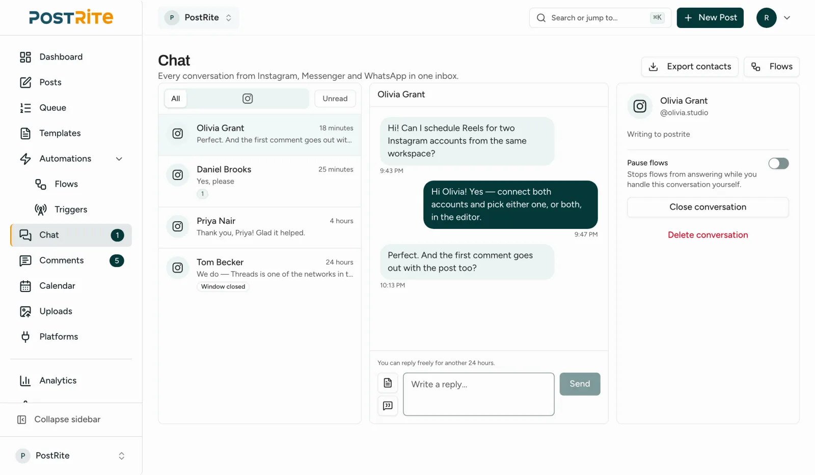 The Chat inbox with four Instagram conversations, one of them open next to the contact panel