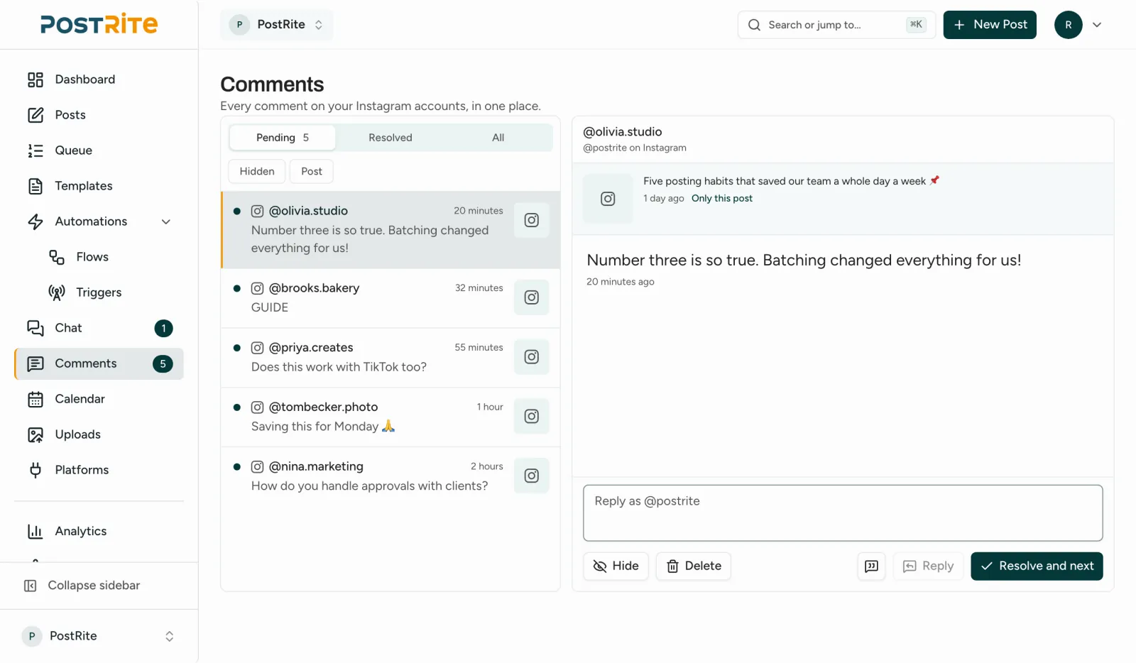 The Comments inbox with pending Instagram comments, one of them open