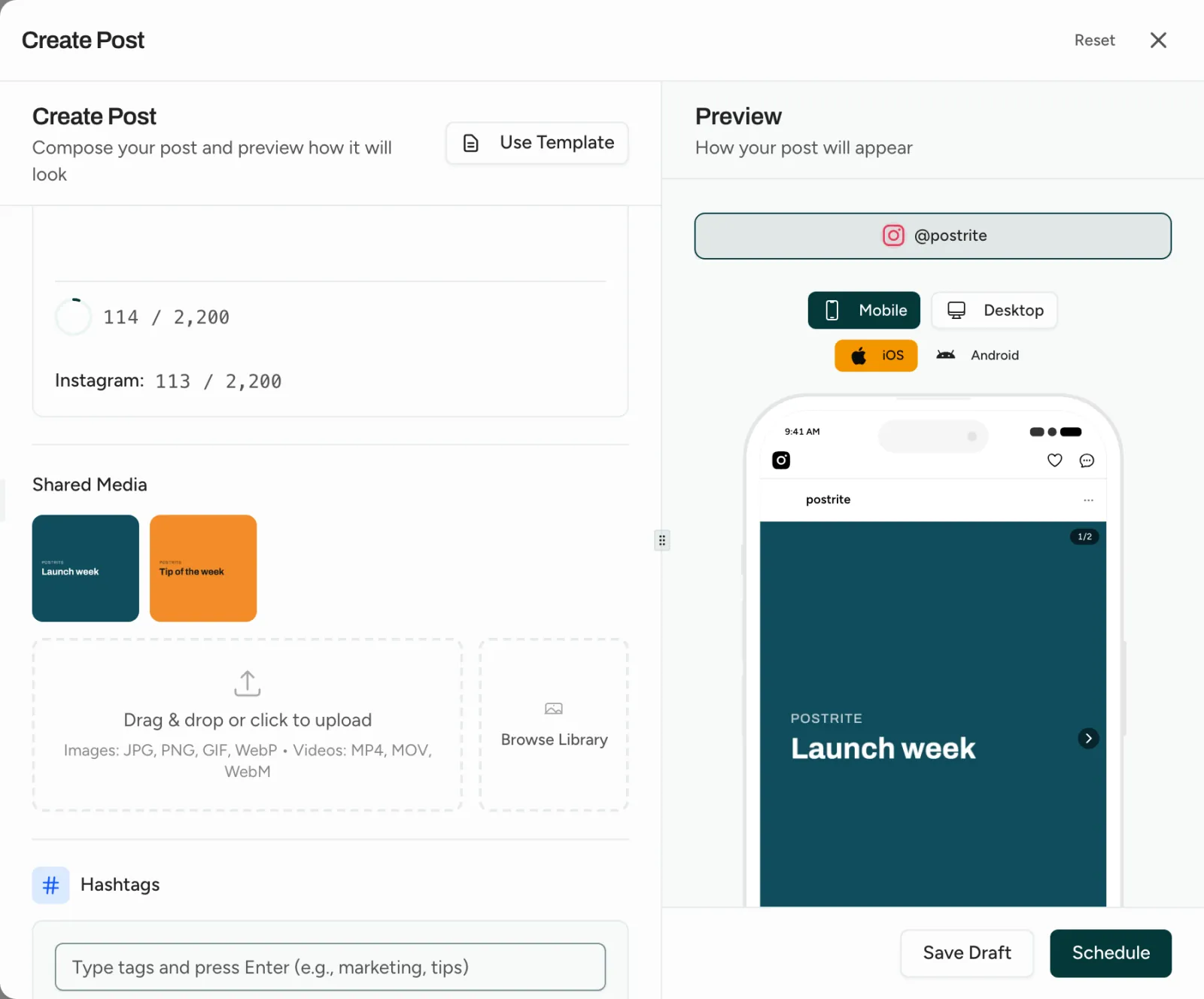 The post editor with two images added to an Instagram post and its preview