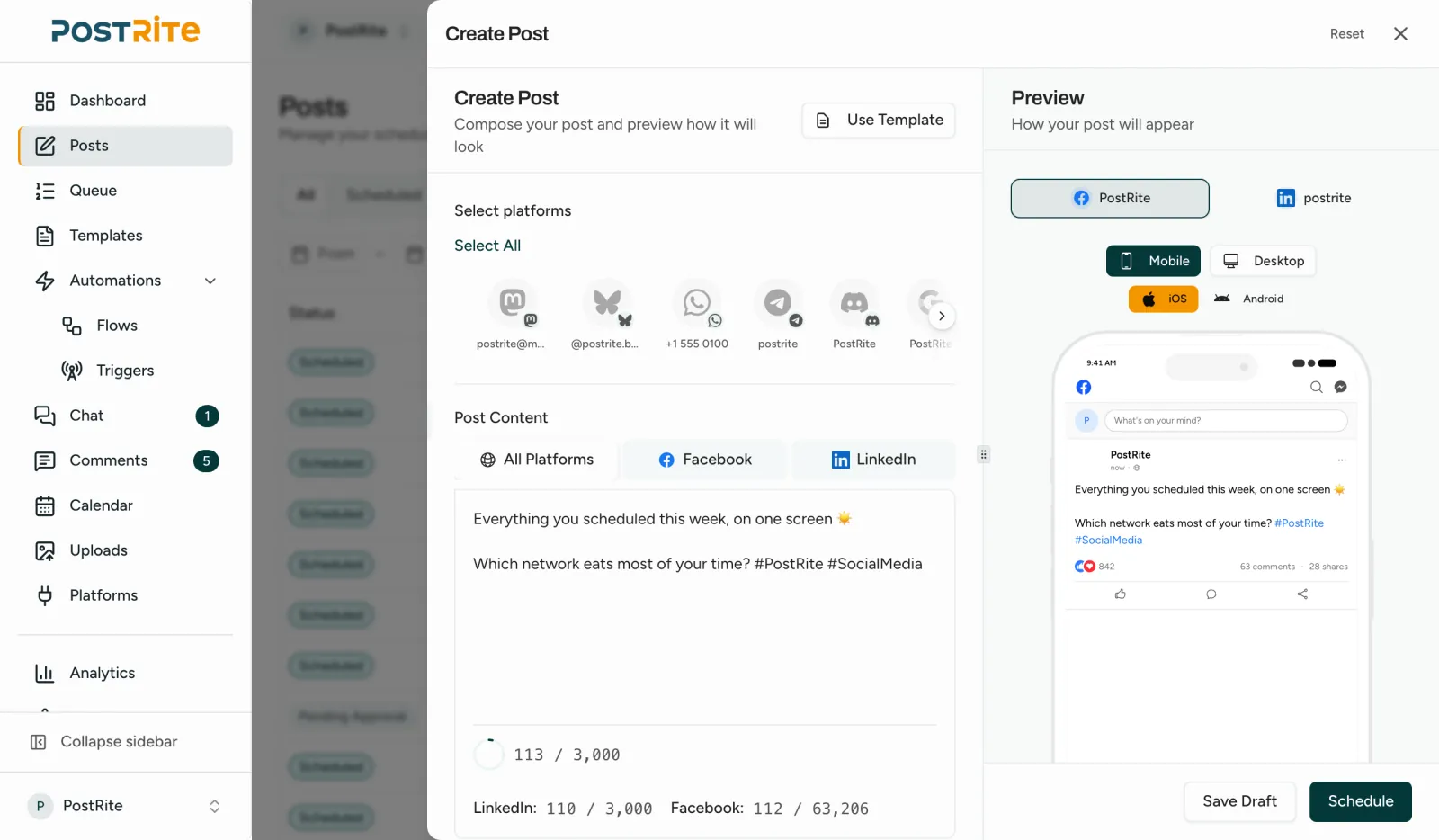 The post editor with Facebook and LinkedIn selected and a tab per network above the text
