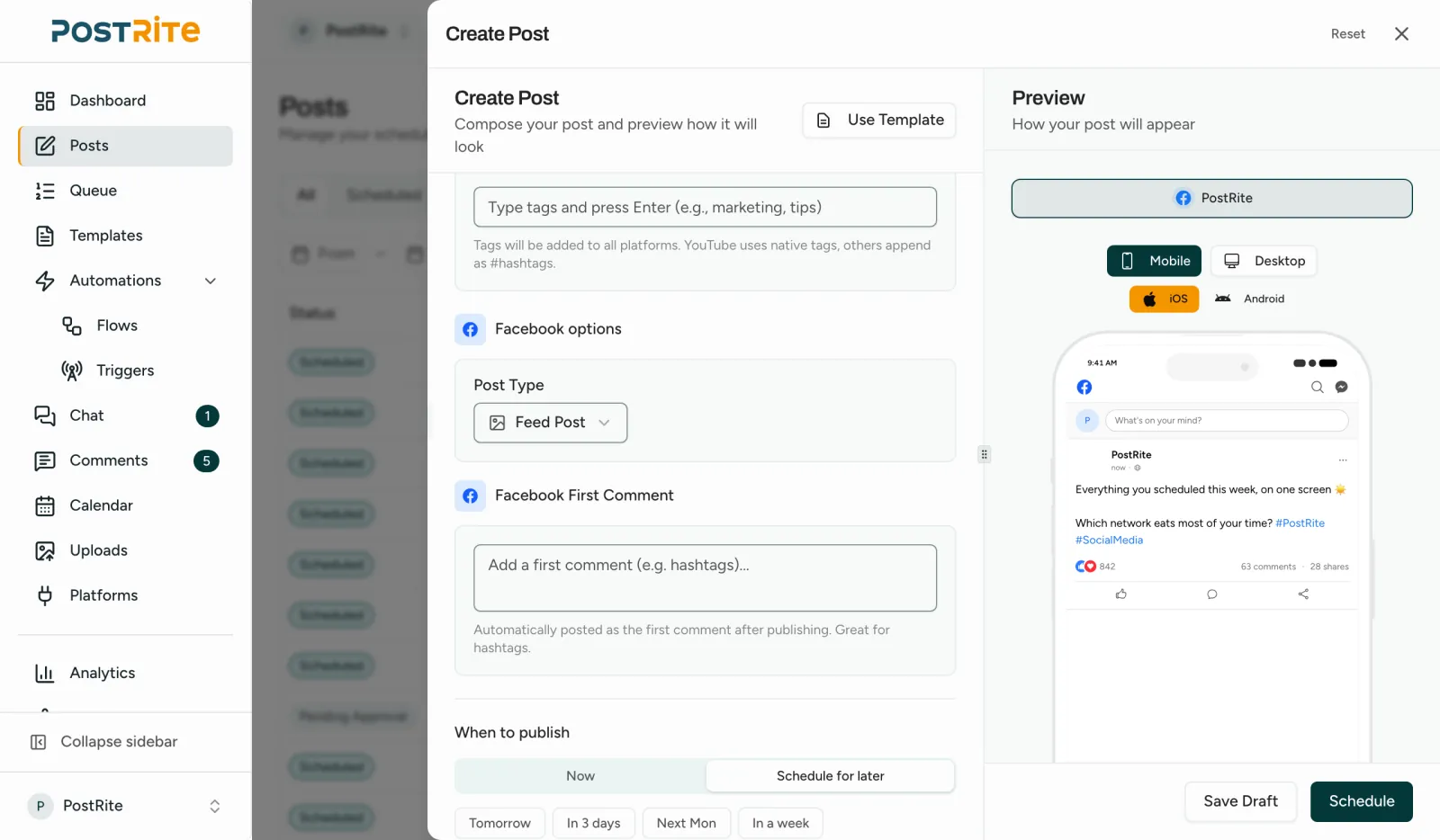 The post editor with a Facebook Page selected, showing the post type and first comment options next to the Facebook preview