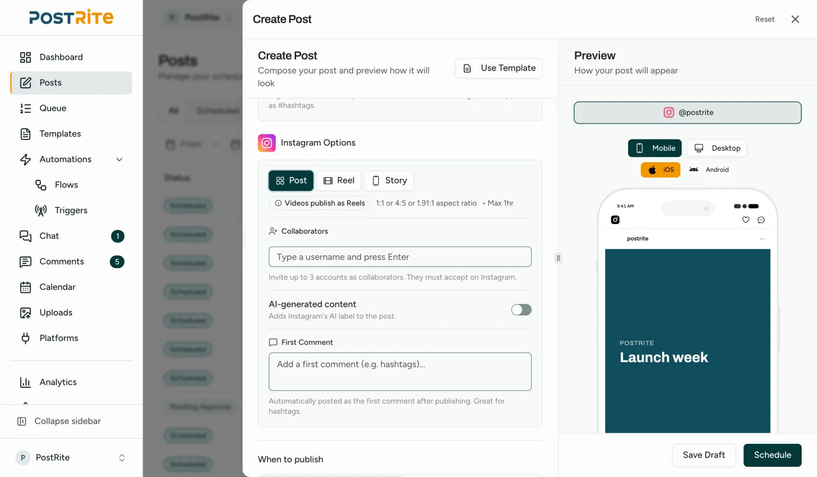 The post editor with an Instagram account selected, showing Post, Reel and Story options, collaborators and the first comment next to the preview