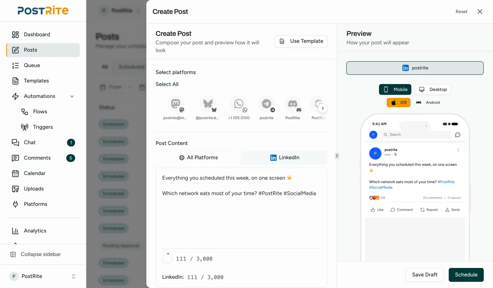 The post editor with a LinkedIn account selected and the LinkedIn preview