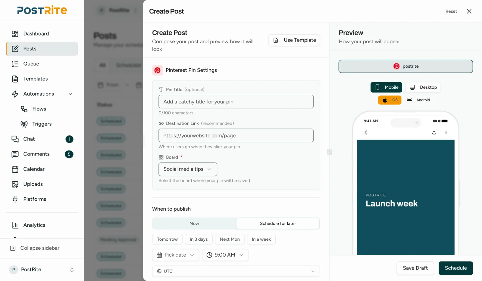 The post editor with a Pinterest account selected, showing the pin title, destination link and board next to the Pinterest preview