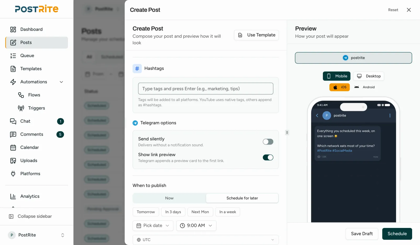 The post editor with a Telegram channel selected, showing the send silently and link preview options next to the Telegram preview
