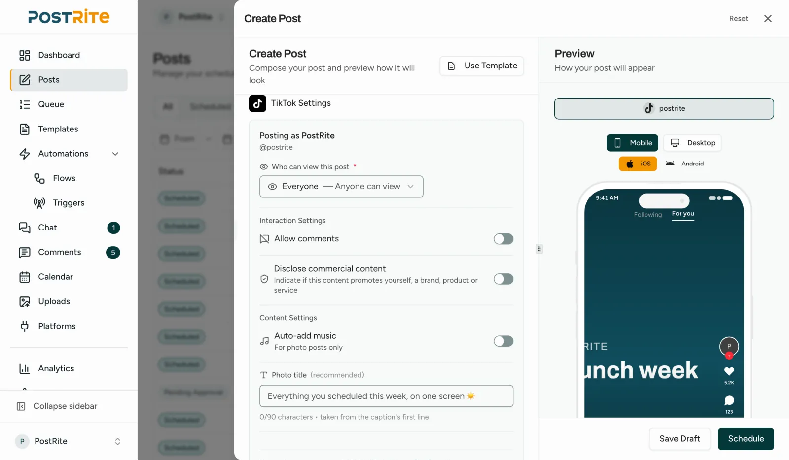 The post editor with a TikTok account selected, showing the privacy level, interaction settings and photo title next to the TikTok preview