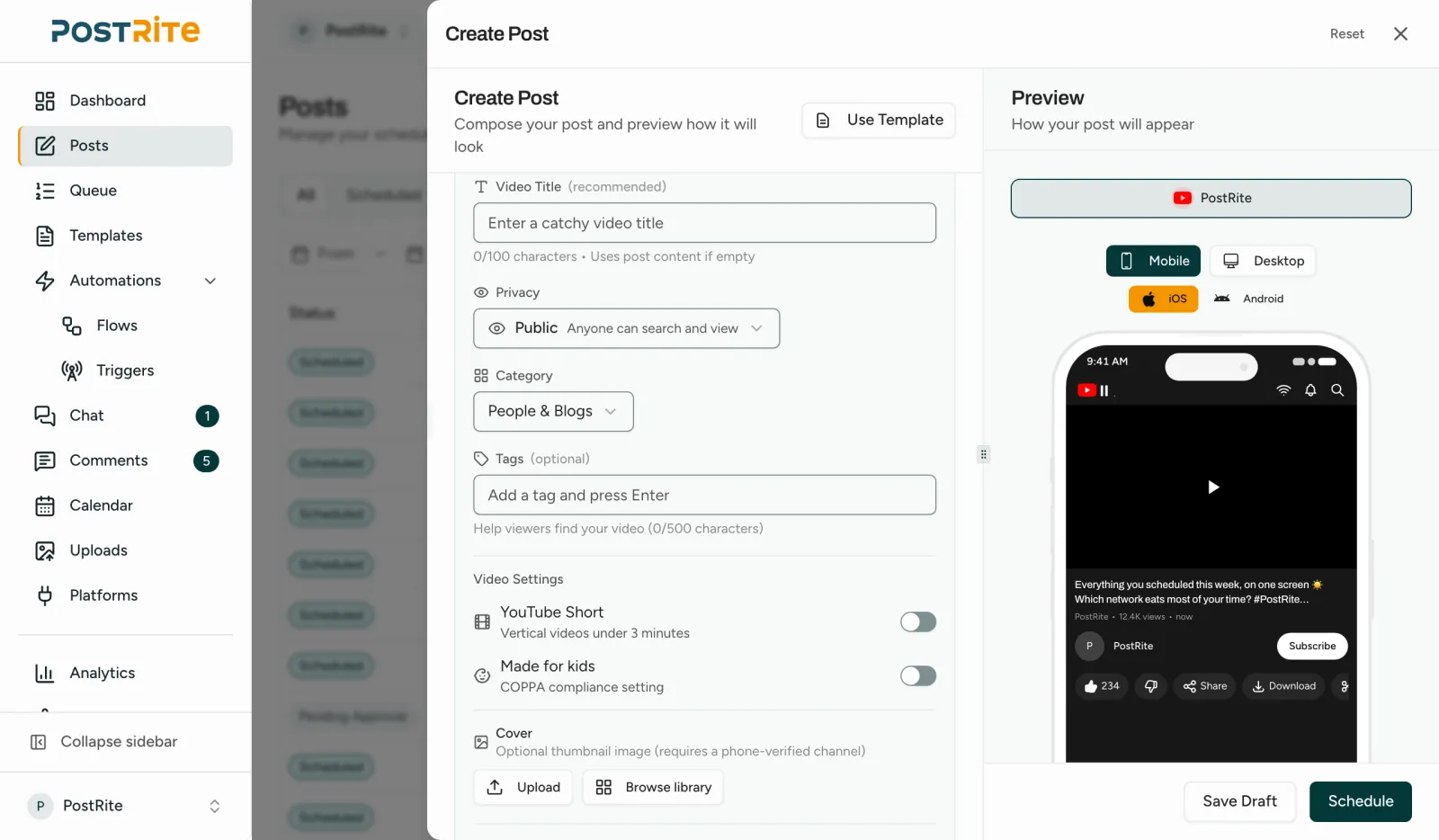The post editor with a YouTube channel selected, showing the title, privacy, category, tags and Shorts settings next to the YouTube preview