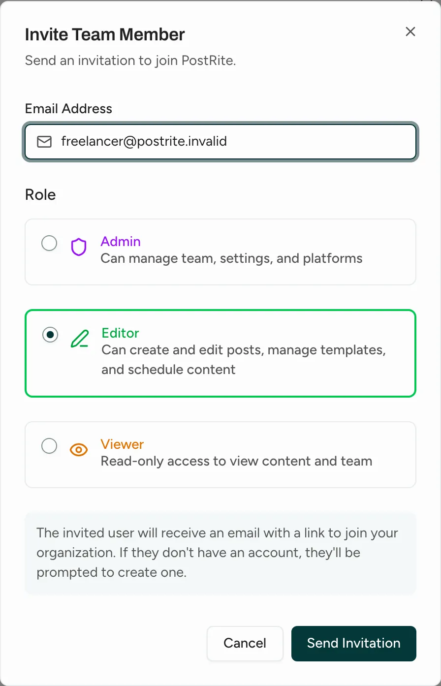 The Invite Team Member dialog with an email address filled in and the Editor role selected