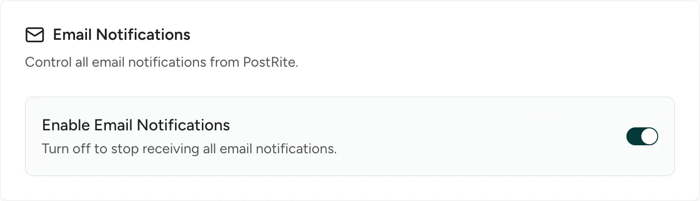 The Email Notifications card with the switch that turns all email notifications on or off