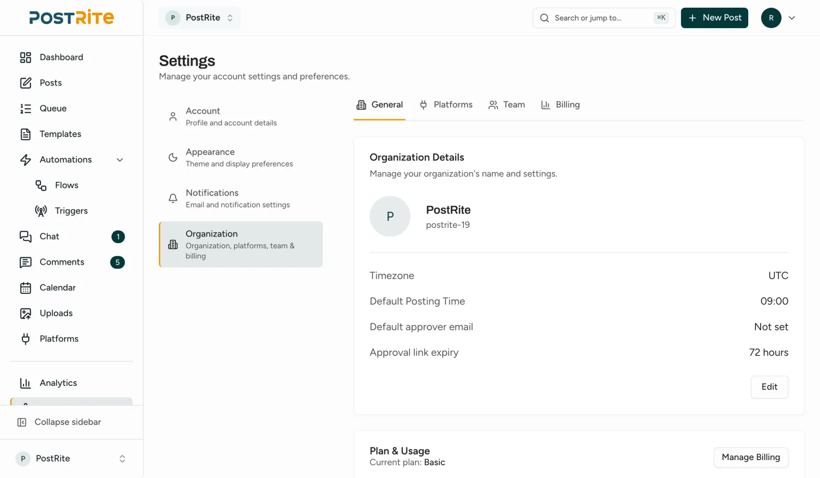 The organization settings with its name, timezone, default posting time and approval link expiry