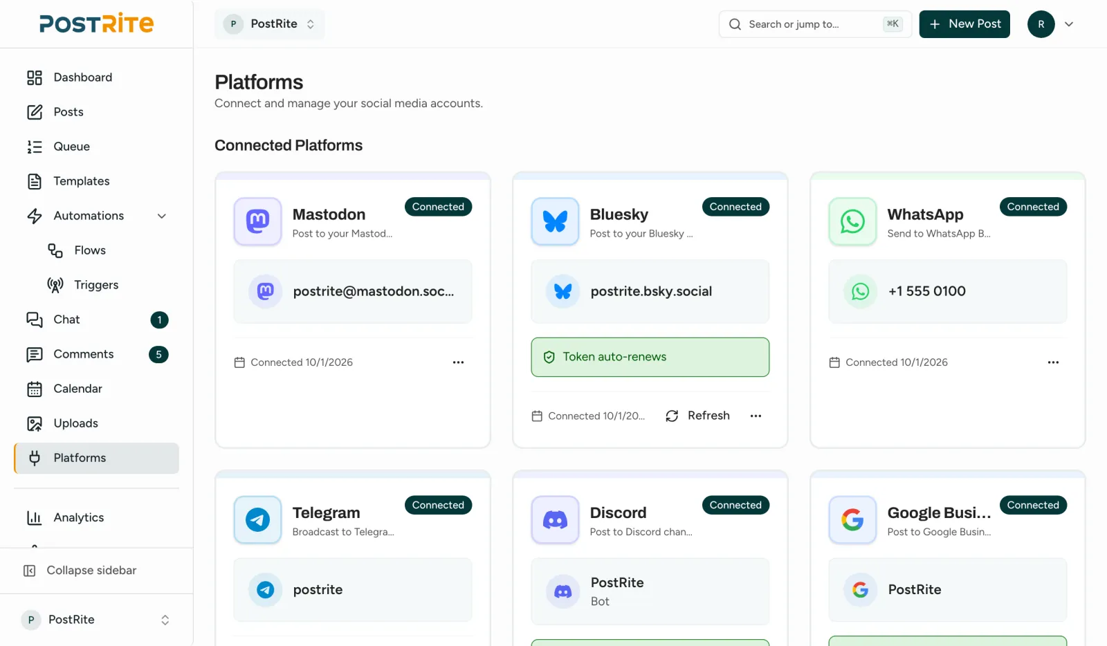 The Platforms page with a card for each connected account