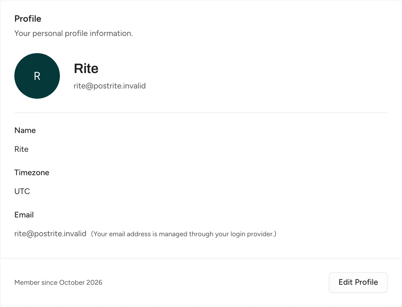The Profile card in account settings with the name, timezone and email