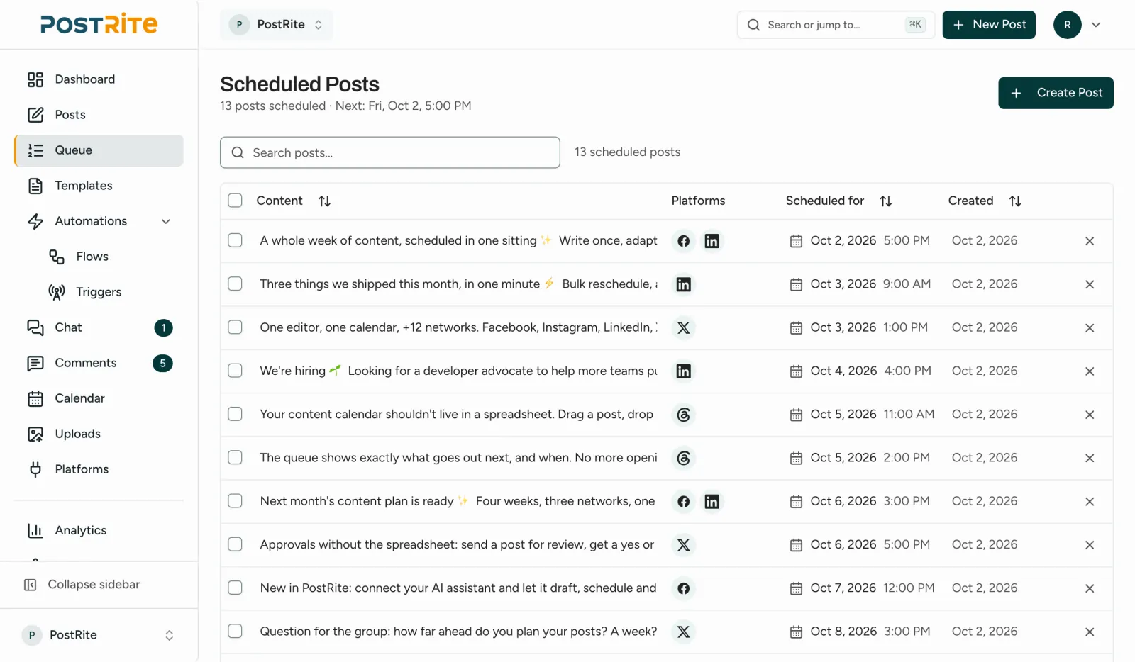 The Queue page listing upcoming posts in publishing order