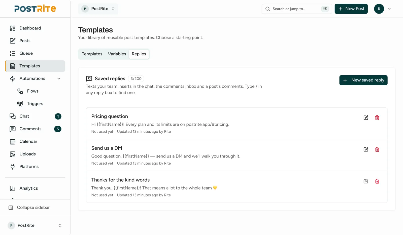 The Saved replies tab of the Templates page, listing three replies