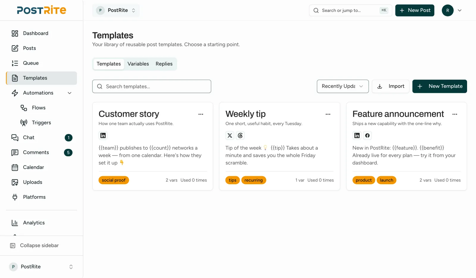 The Templates page with three saved templates, their tags and their networks