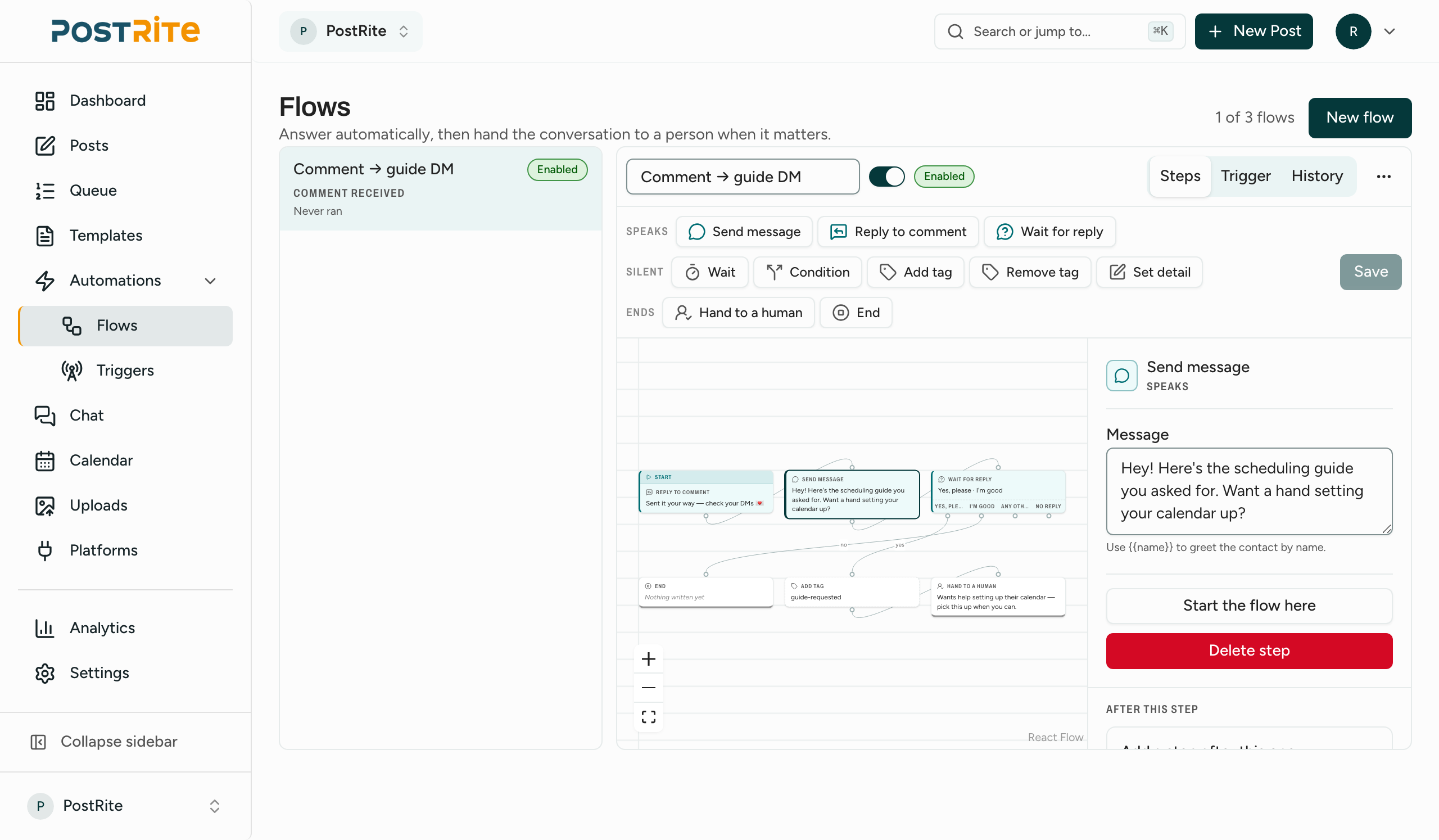 PostRite flow builder canvas showing an automated comment-to-DM conversation