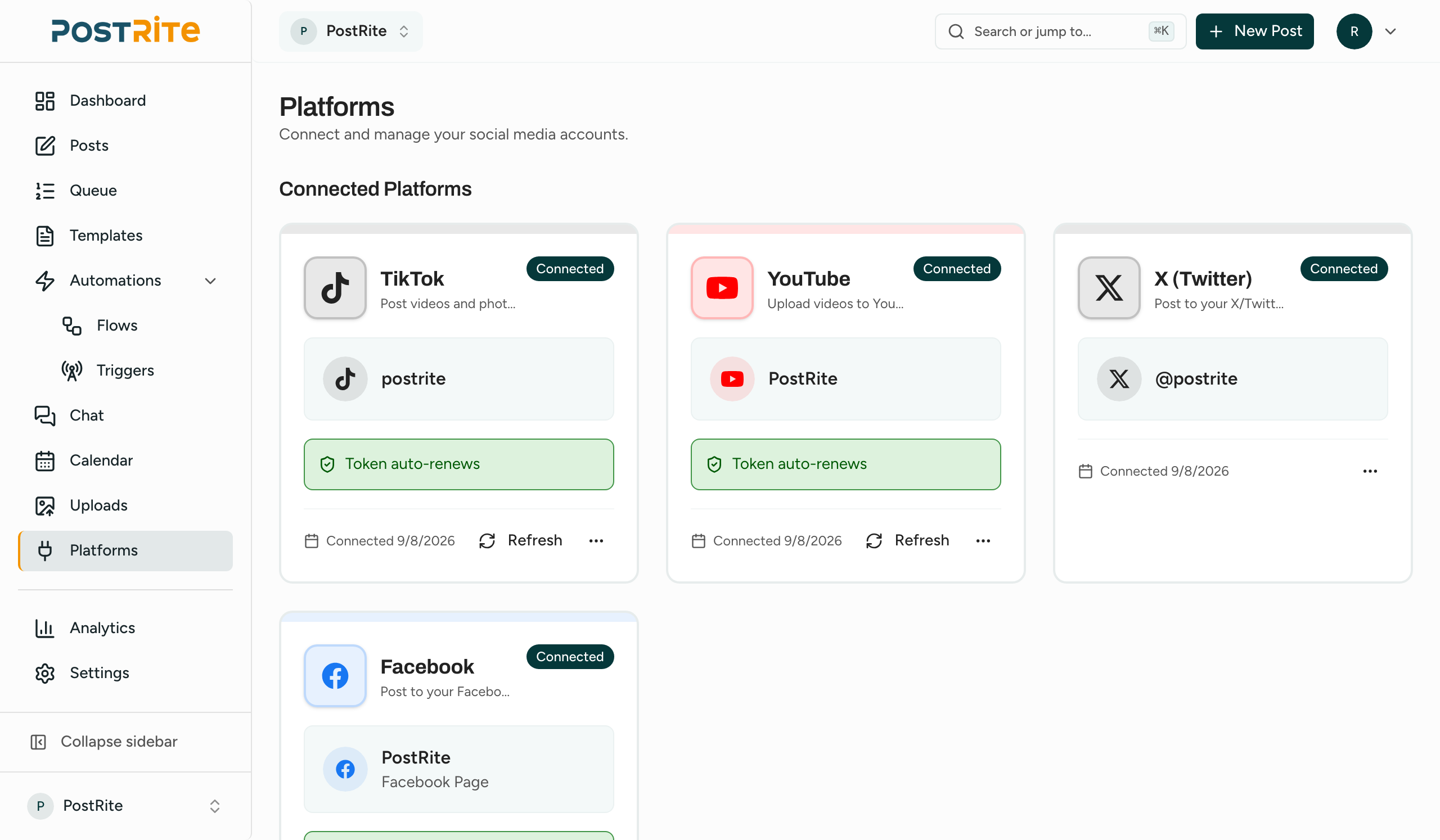 PostRite platforms page showing connected social accounts and the status of each connection