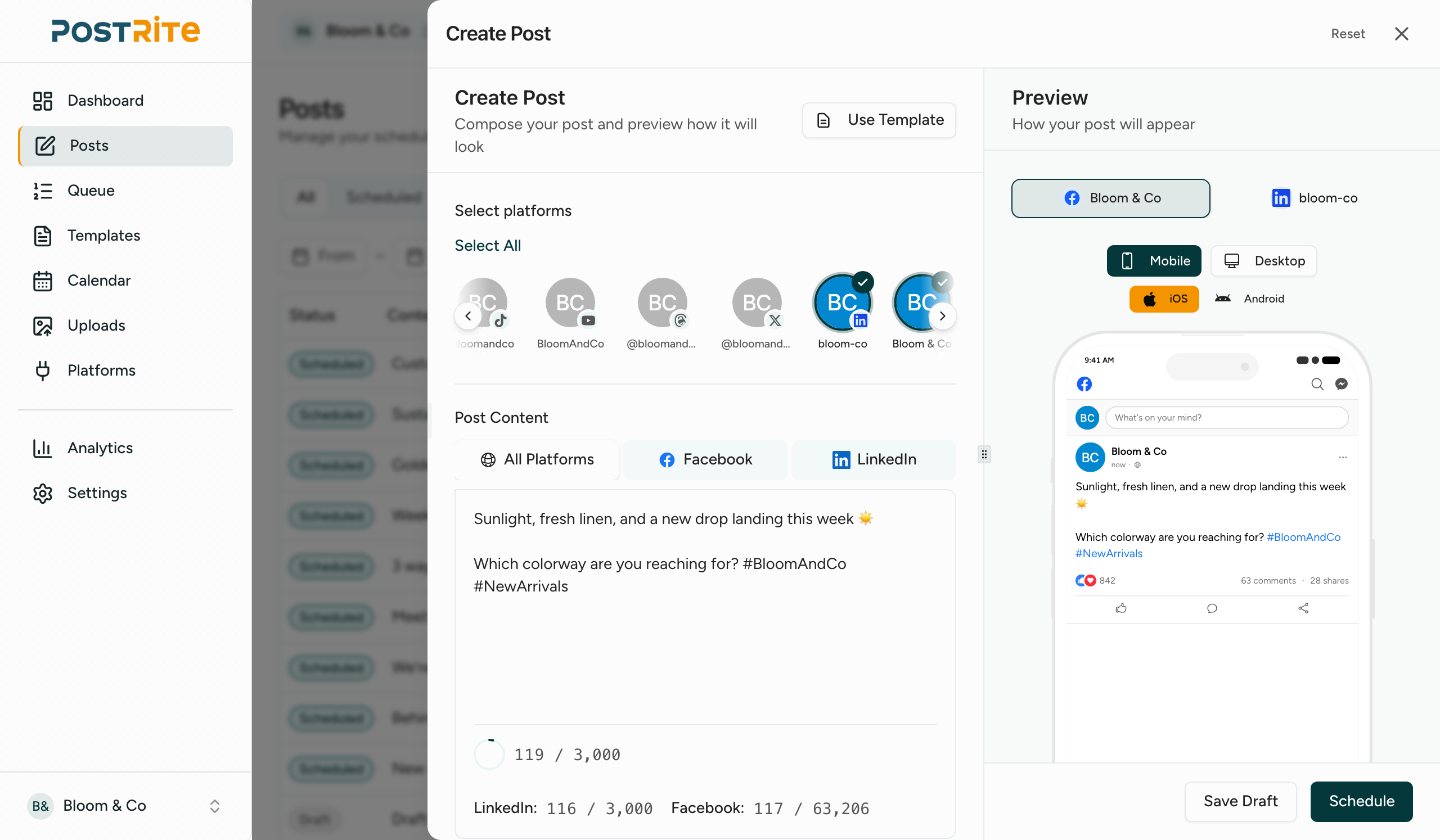 PostRite post editor with live per-platform previews