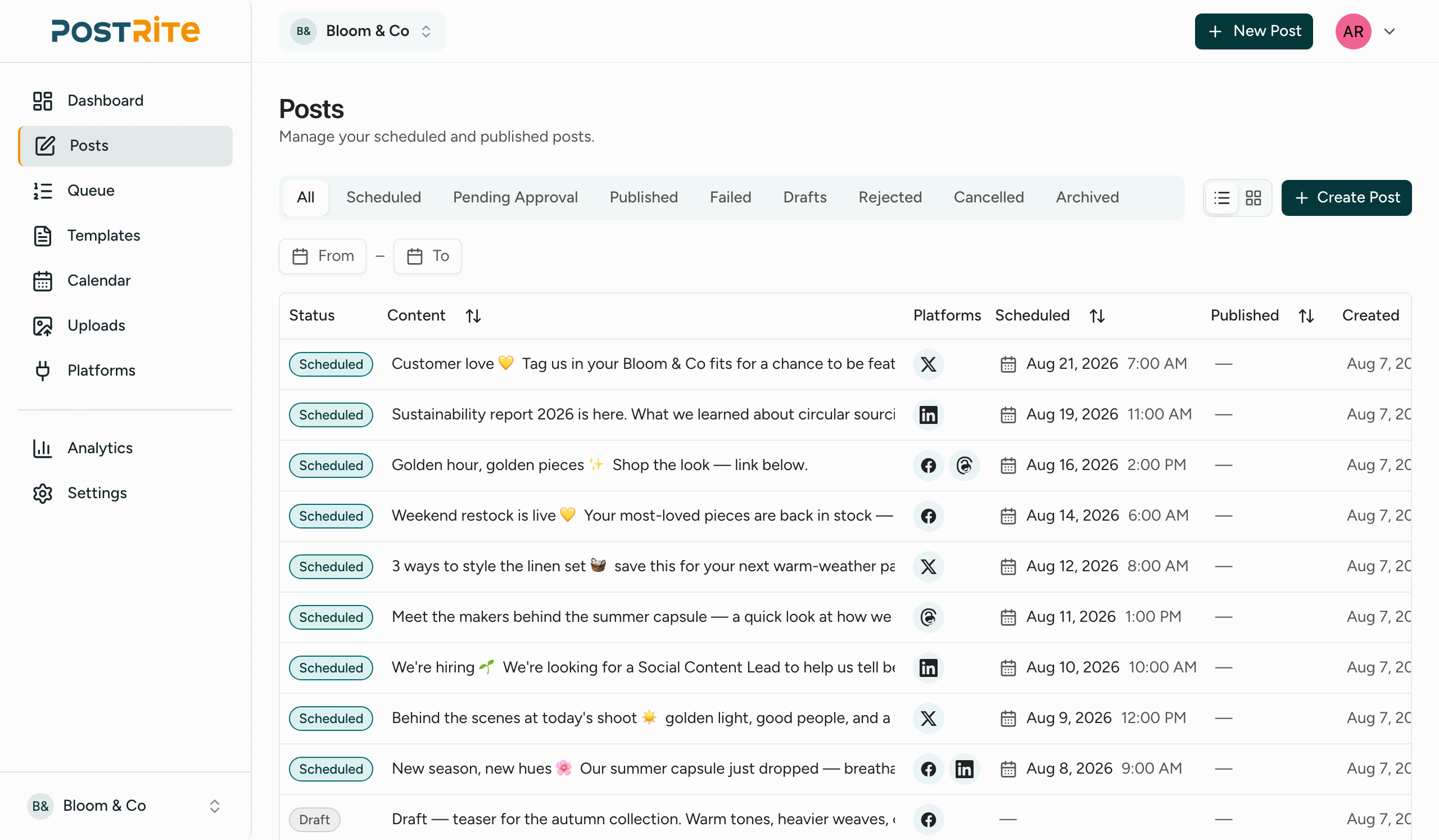 PostRite posts list showing drafts, scheduled and published posts with their status per platform