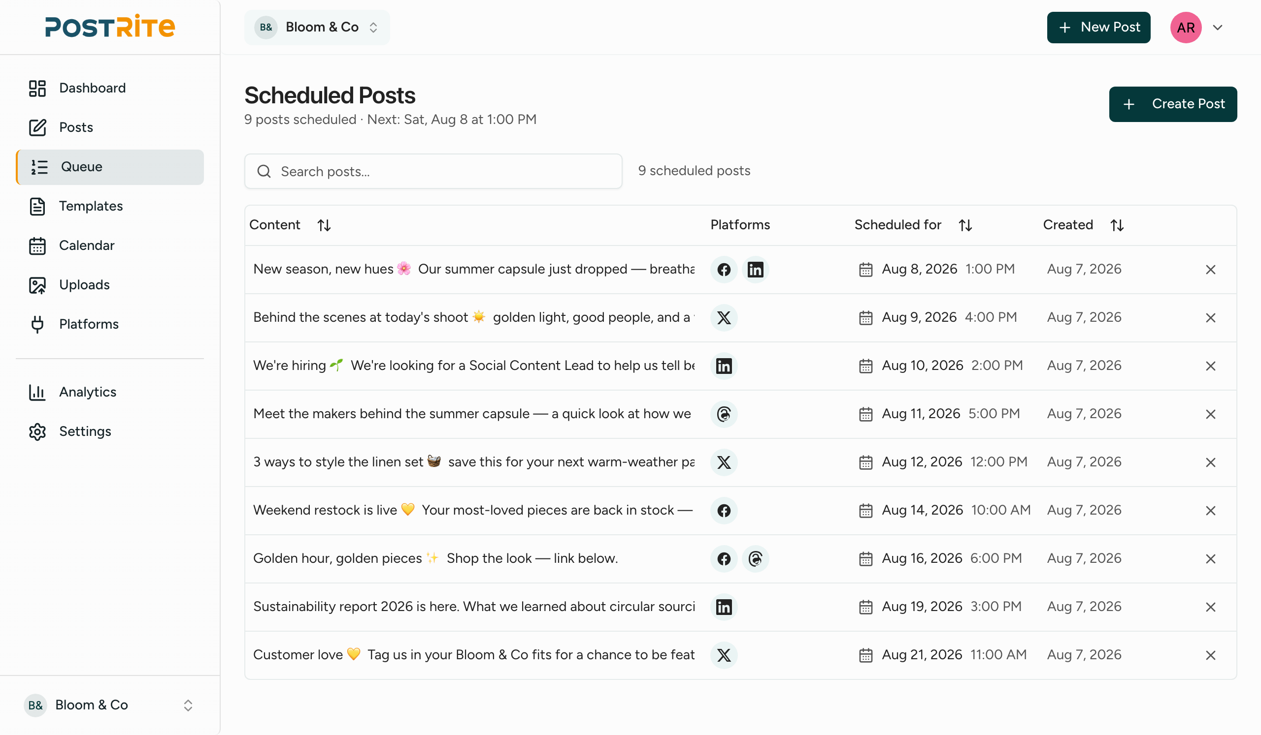 PostRite publishing queue listing upcoming and past posts with their status