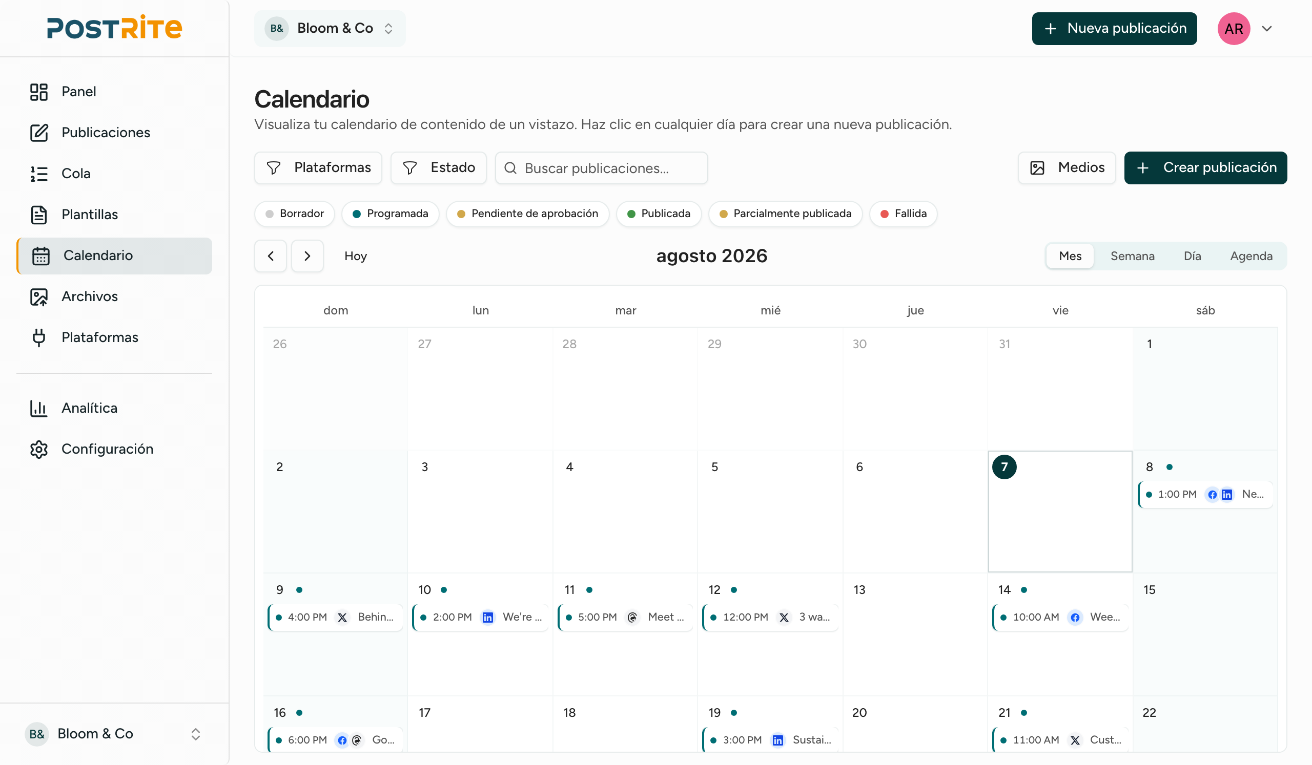 Calendario de contenido de PostRite con las publicaciones programadas del mes